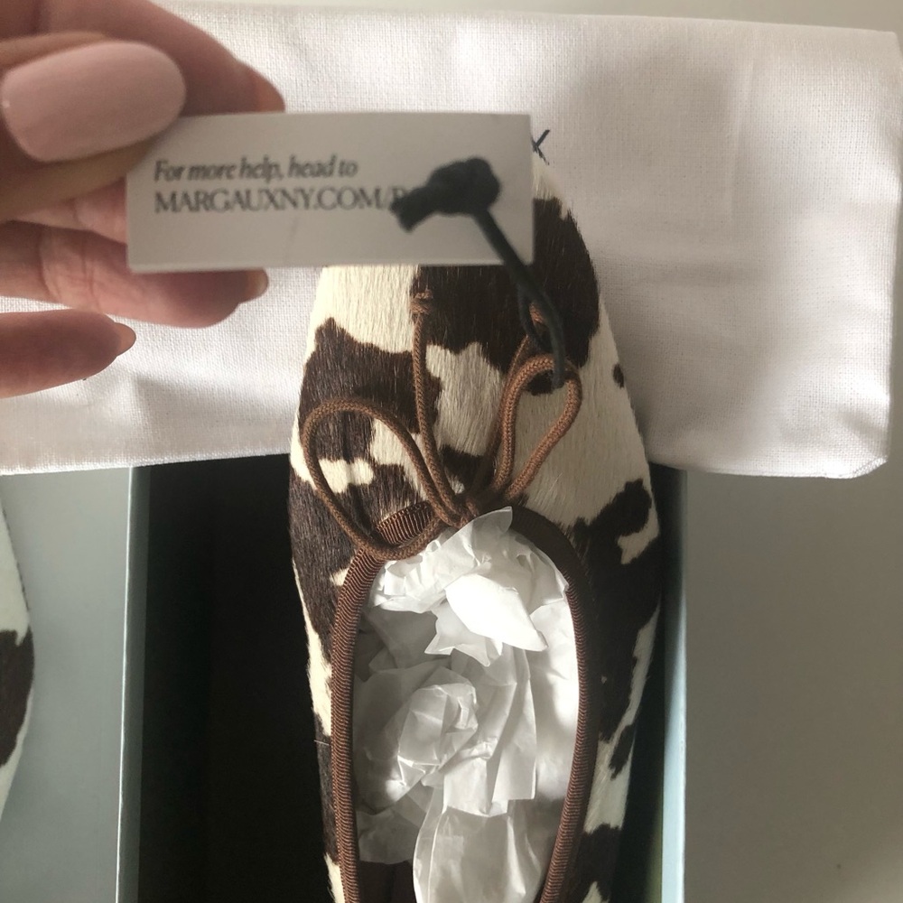 NWT Margaux Fonteyn Brown & White Hair Calf Cow print square toe Ballet Flats